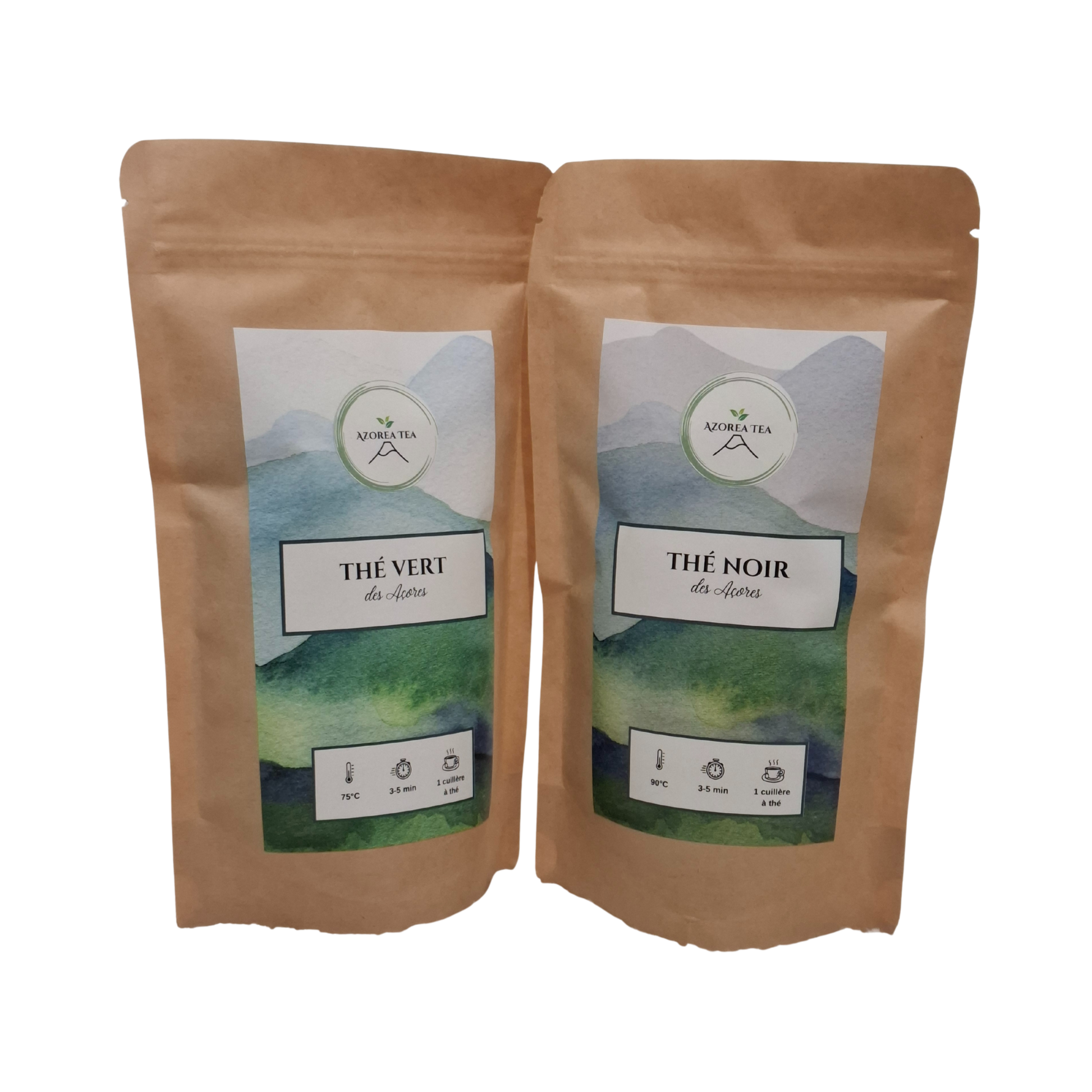 Coffret Le Duo des Açores – Thé vert et thé noir bio – 2 sachets de 90g, sans sucre, sans arôme ajouté, idéal pour offrir ou pour découvrir les saveurs brutes du thé européen.