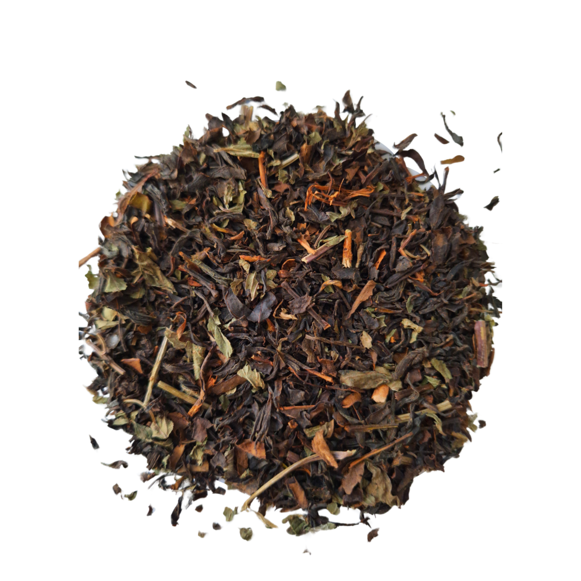 Thé noir bio des Açores à la menthe poivrée – sachet 90g, infusion cuivrée et rafraîchissante, sans sucre, sans arôme ajouté.
